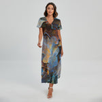 Frozen Oak leaf Print Short Sleeve Maxi Dress