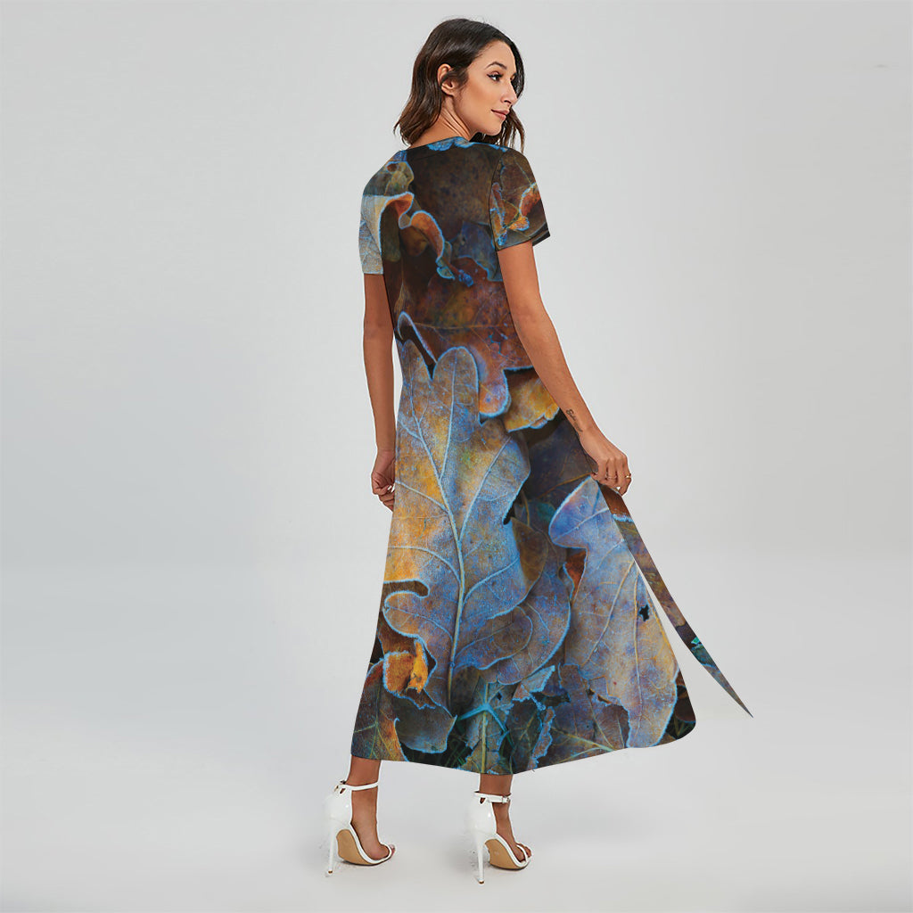 Frozen Oak leaf Print Short Sleeve Maxi Dress