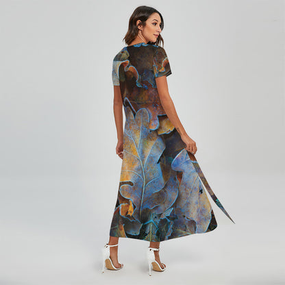 Frozen Oak leaf Print Short Sleeve Maxi Dress