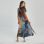 Frozen Oak leaf Print Short Sleeve Maxi Dress