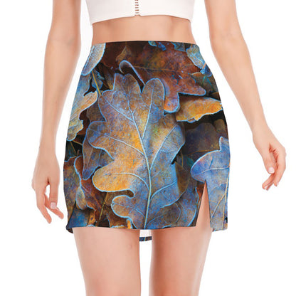Frozen Oak leaf Print Side Slit Mini Skirt