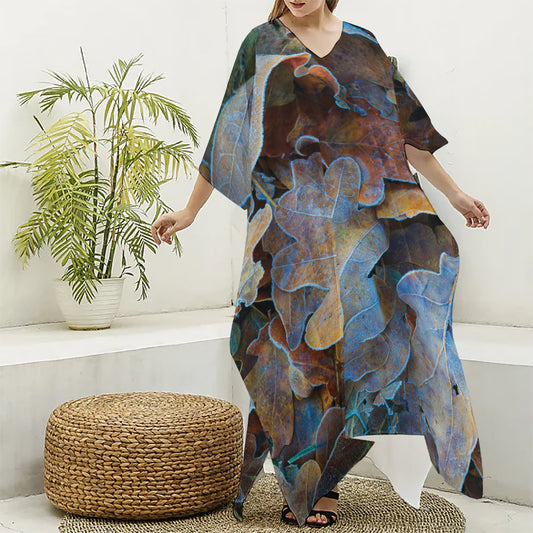 Frozen Oak leaf Print Silk V-Neck Kaftan Dress