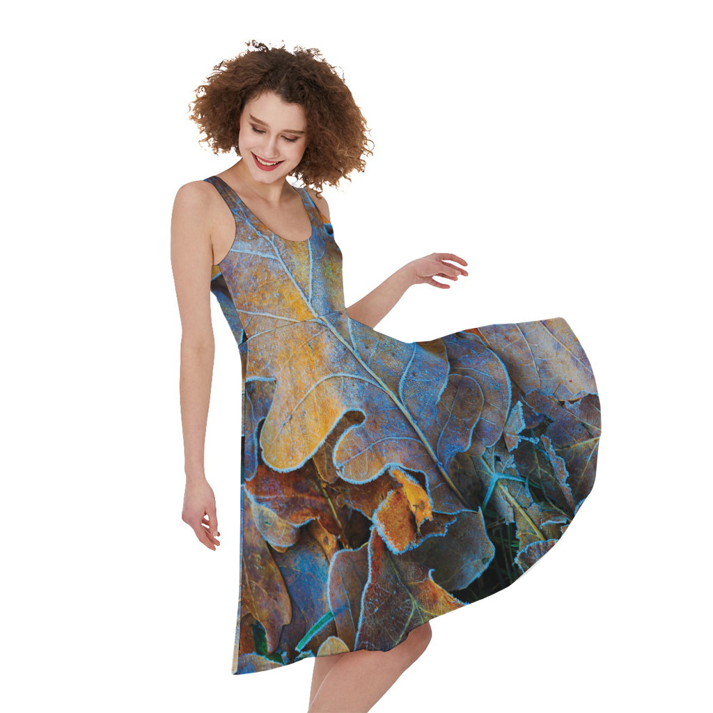 Frozen Oak leaf Print Women's Sleeveless Dress
