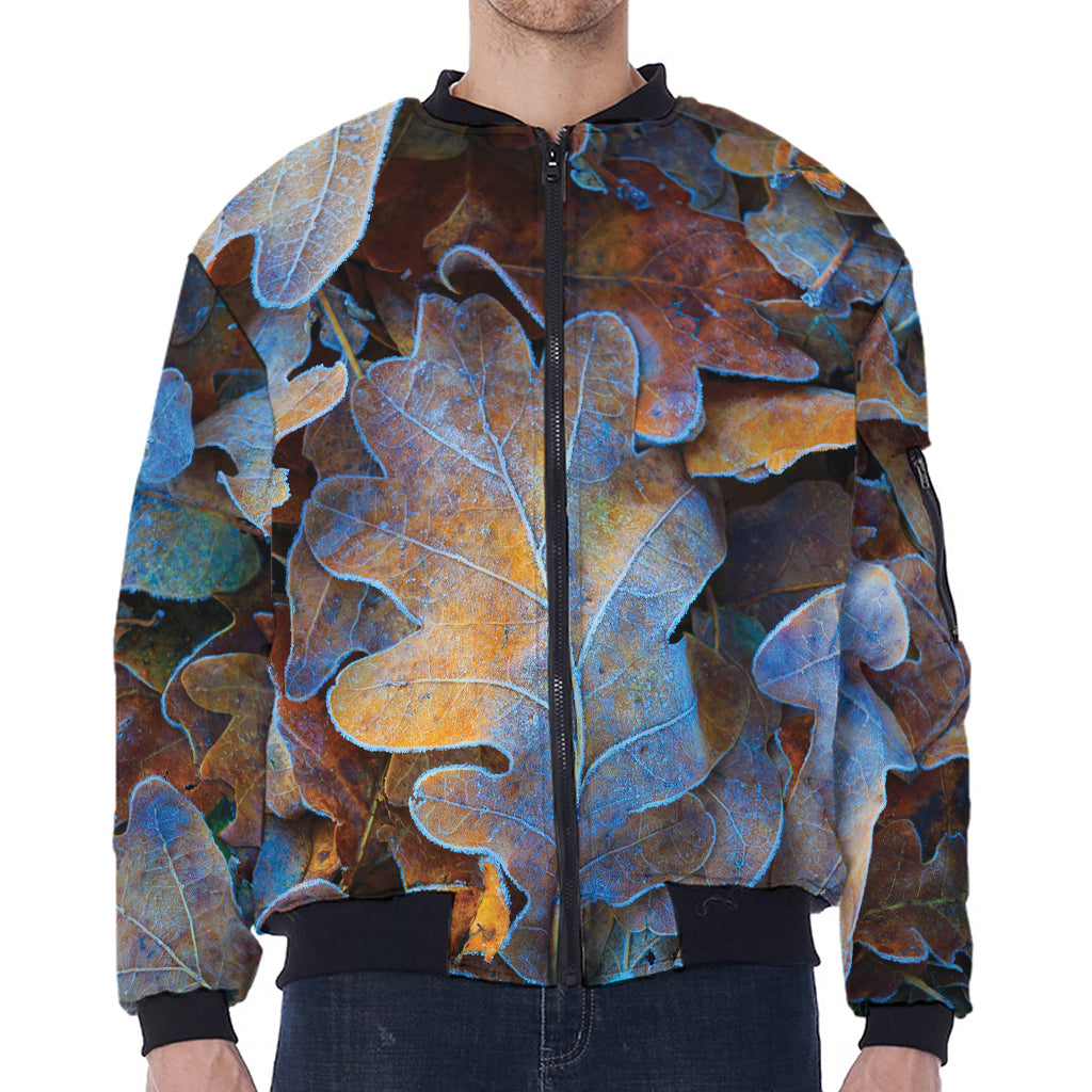 Frozen Oak leaf Print Zip Sleeve Bomber Jacket