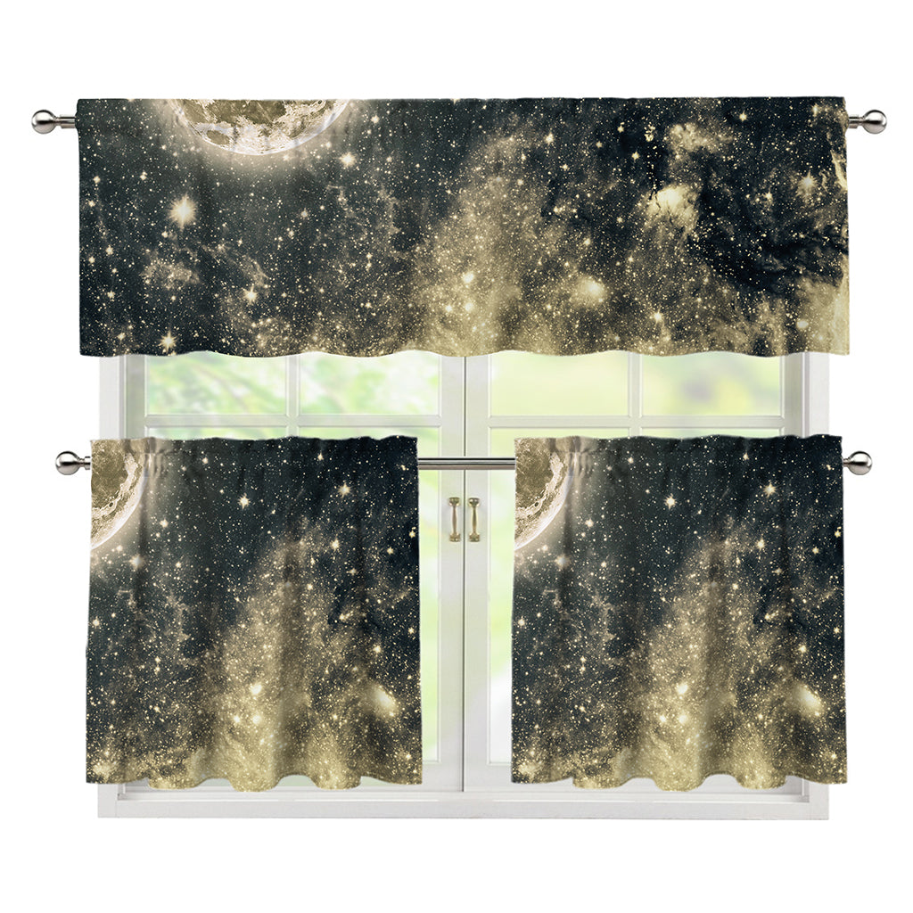Full Moon And Night Stars Print 3 Piece Kitchen Curtains