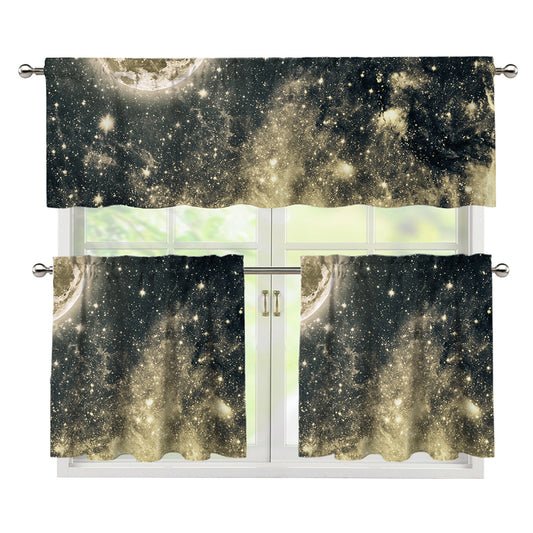 Full Moon And Night Stars Print 3 Piece Kitchen Curtains