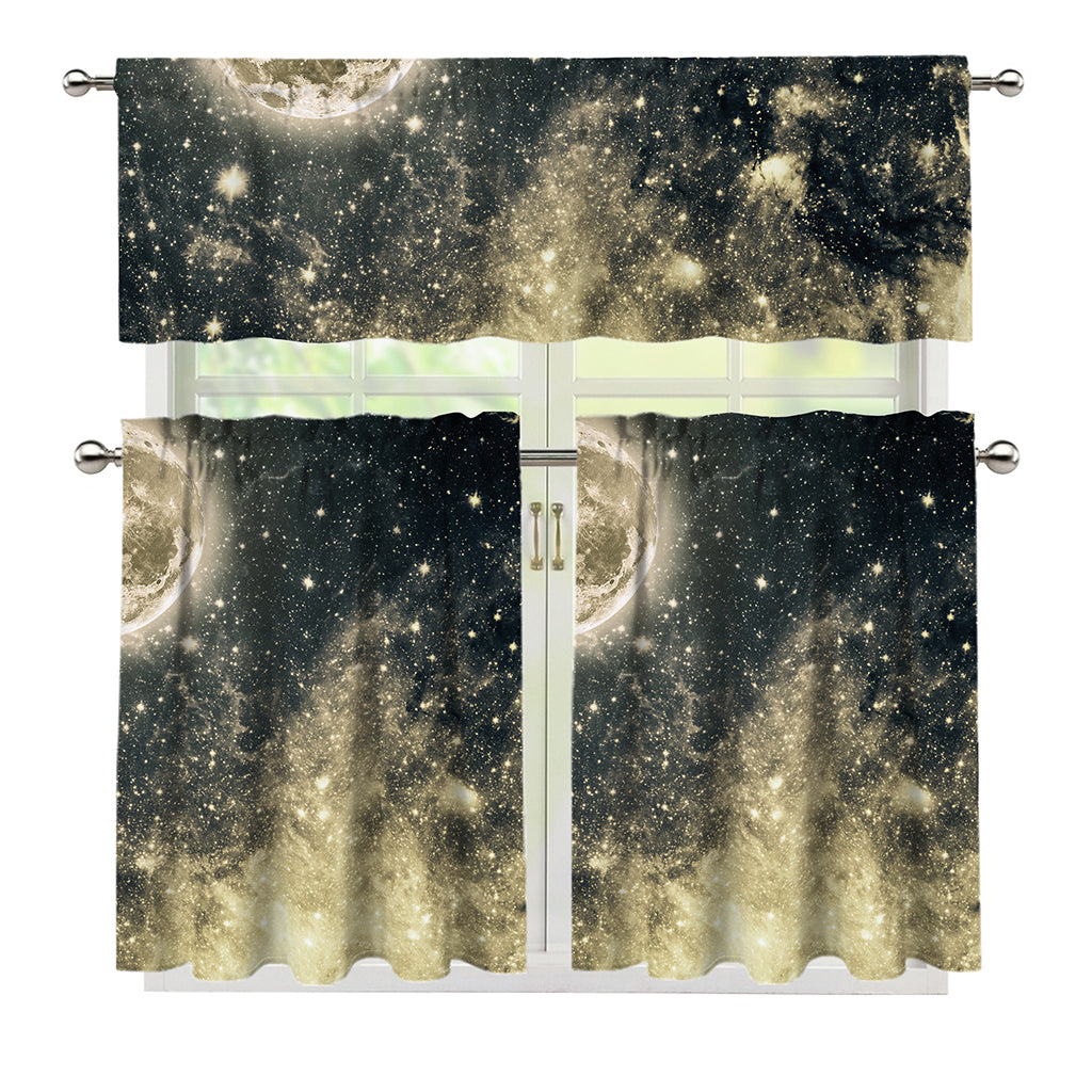 Full Moon And Night Stars Print 3 Piece Kitchen Curtains