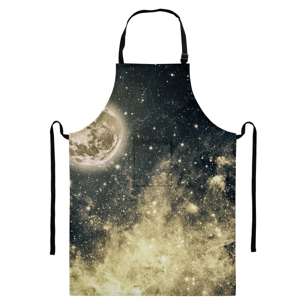 Full Moon And Night Stars Print Bib Apron With Pocket