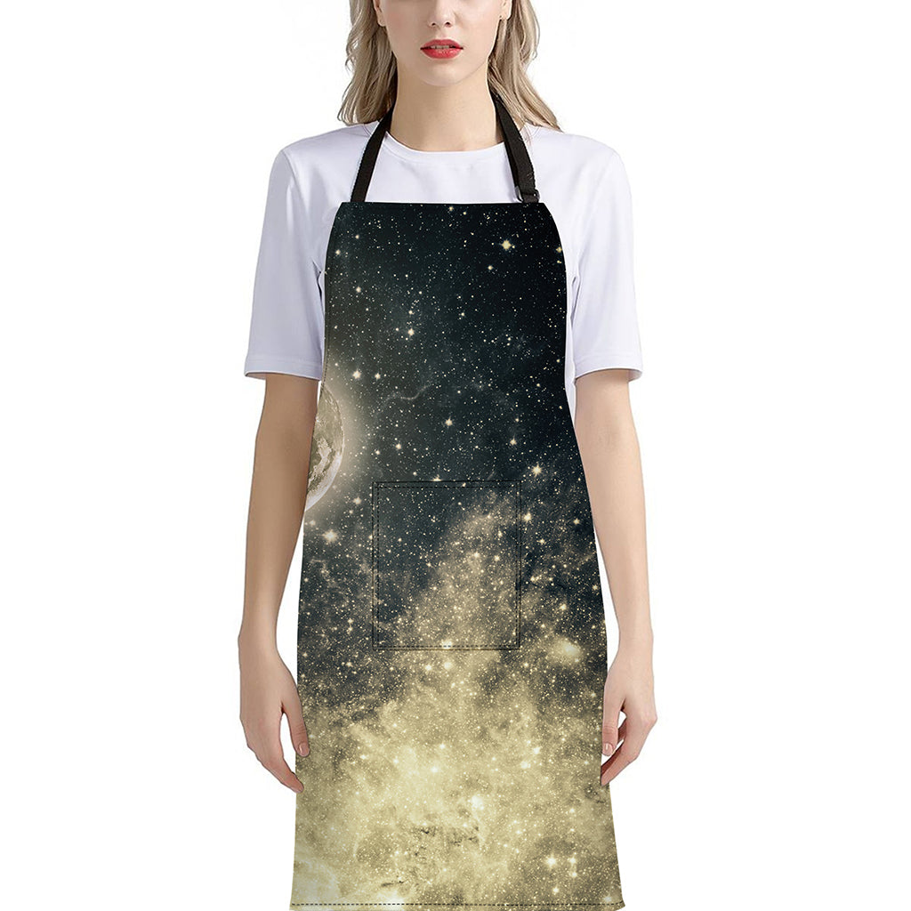 Full Moon And Night Stars Print Bib Apron With Pocket