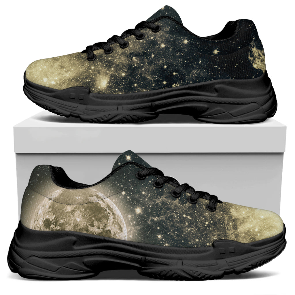 Full Moon And Night Stars Print Black Chunky Shoes