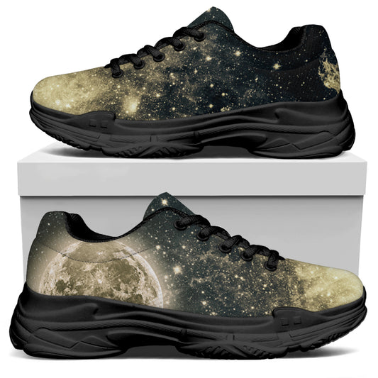 Full Moon And Night Stars Print Black Chunky Shoes