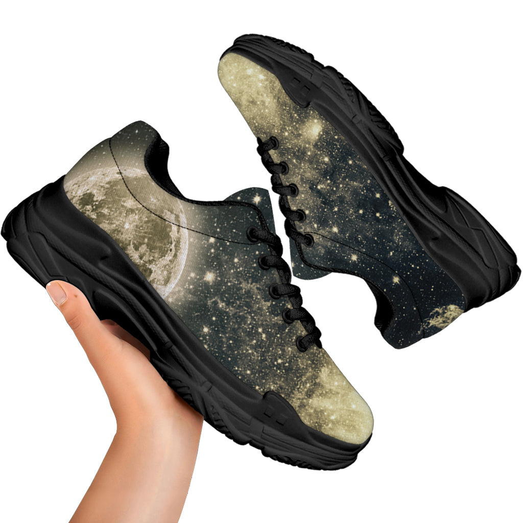 Full Moon And Night Stars Print Black Chunky Shoes