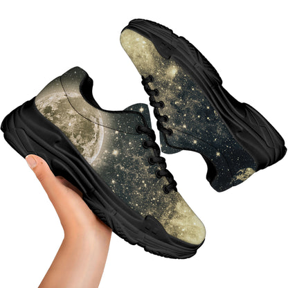 Full Moon And Night Stars Print Black Chunky Shoes