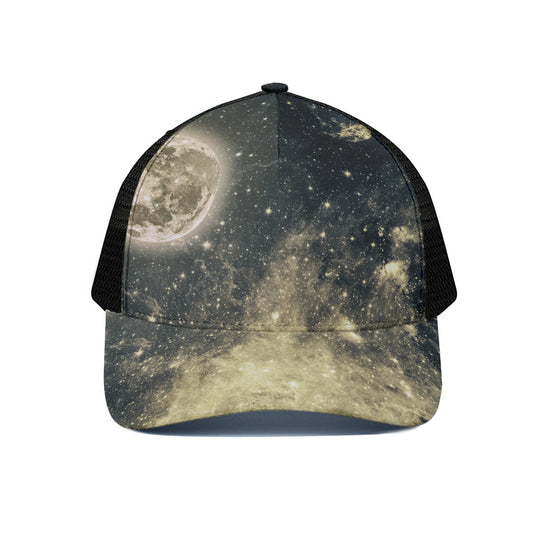 Full Moon And Night Stars Print Black Mesh Trucker Cap