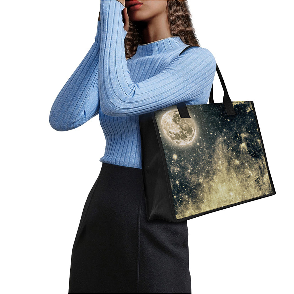 Full Moon And Night Stars Print Canvas Tote Bag