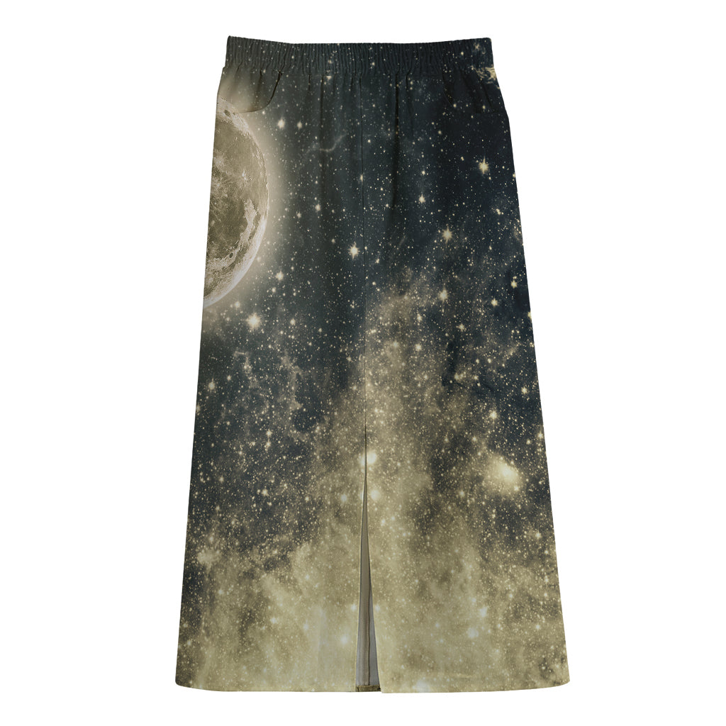 Full Moon And Night Stars Print Cotton Front Slit Maxi Skirt