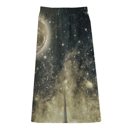 Full Moon And Night Stars Print Cotton Front Slit Maxi Skirt