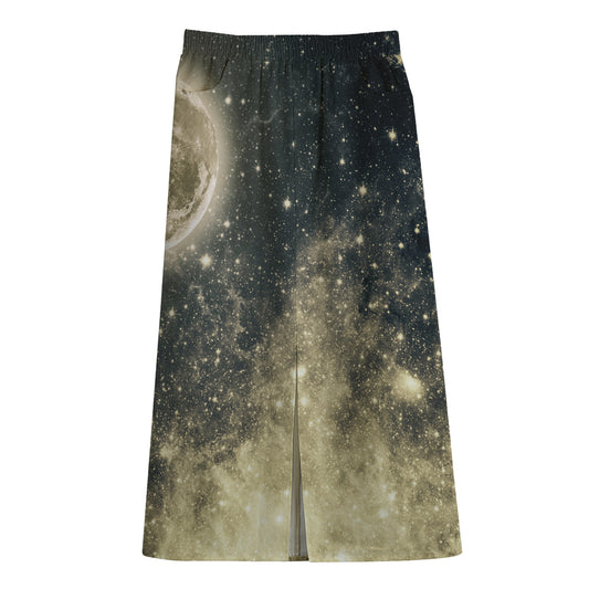Full Moon And Night Stars Print Cotton Front Slit Maxi Skirt