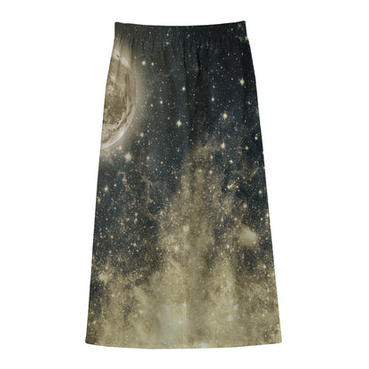 Full Moon And Night Stars Print Cotton Front Slit Maxi Skirt