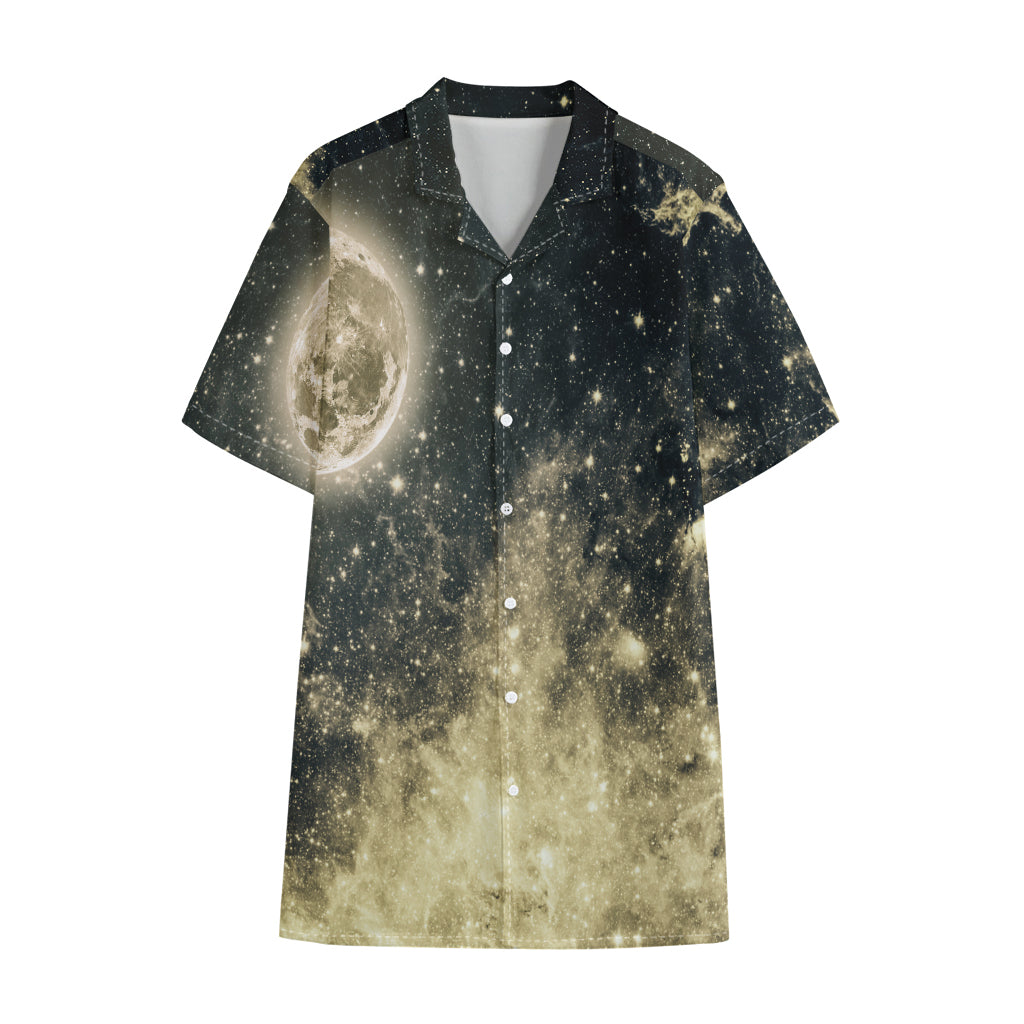 Full Moon And Night Stars Print Cotton Hawaiian Shirt