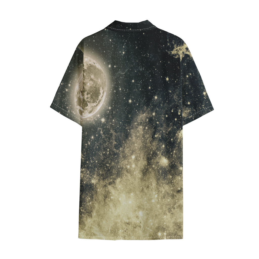 Full Moon And Night Stars Print Cotton Hawaiian Shirt