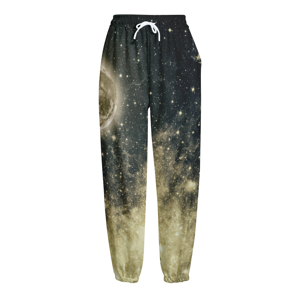 Full Moon And Night Stars Print Fleece Lined Knit Pants