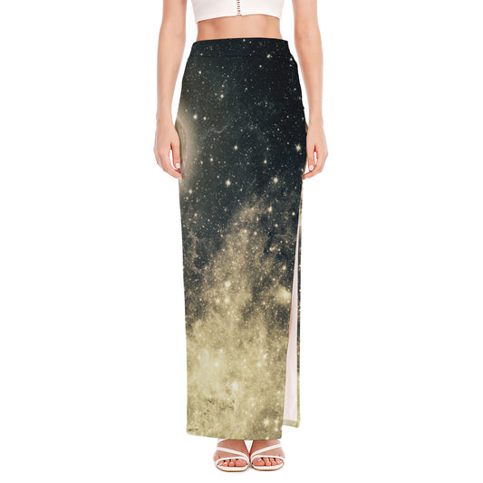 Full Moon And Night Stars Print High Slit Maxi Skirt