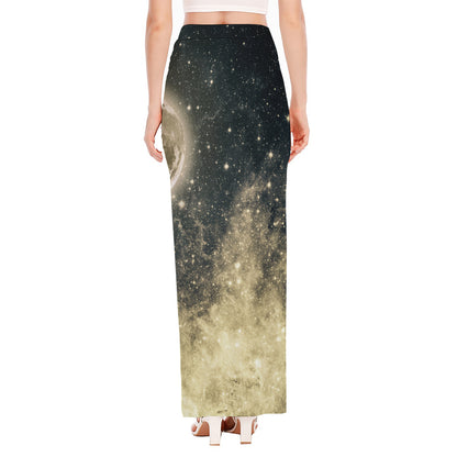 Full Moon And Night Stars Print High Slit Maxi Skirt