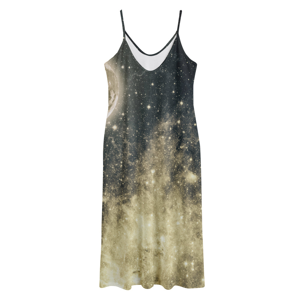 Full Moon And Night Stars Print Jersey Midi Cami Dress