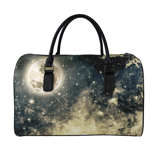 Full Moon And Night Stars Print Leather Duffle Bag