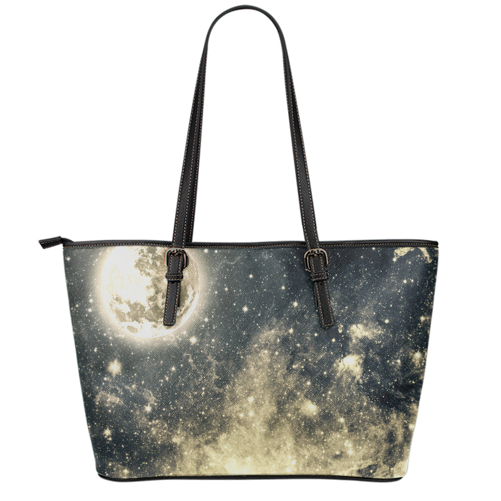 Full Moon And Night Stars Print Leather Tote Bag
