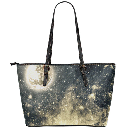 Full Moon And Night Stars Print Leather Tote Bag