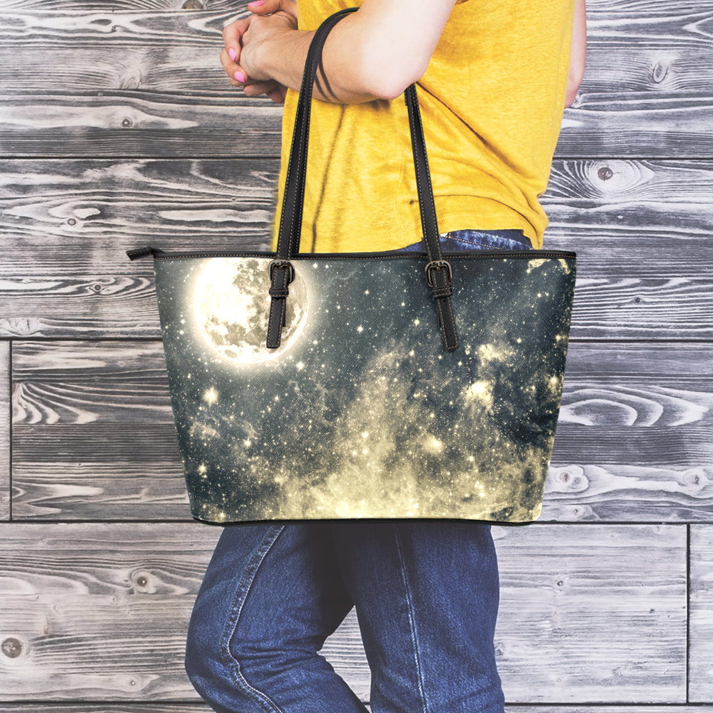 Full Moon And Night Stars Print Leather Tote Bag