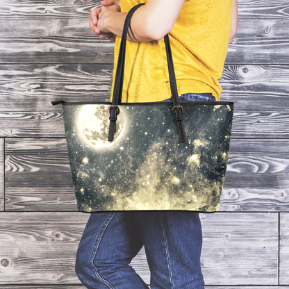 Full Moon And Night Stars Print Leather Tote Bag