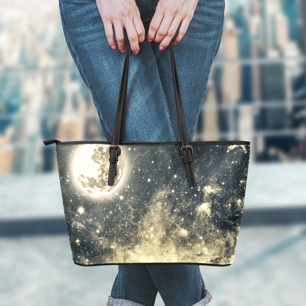 Full Moon And Night Stars Print Leather Tote Bag