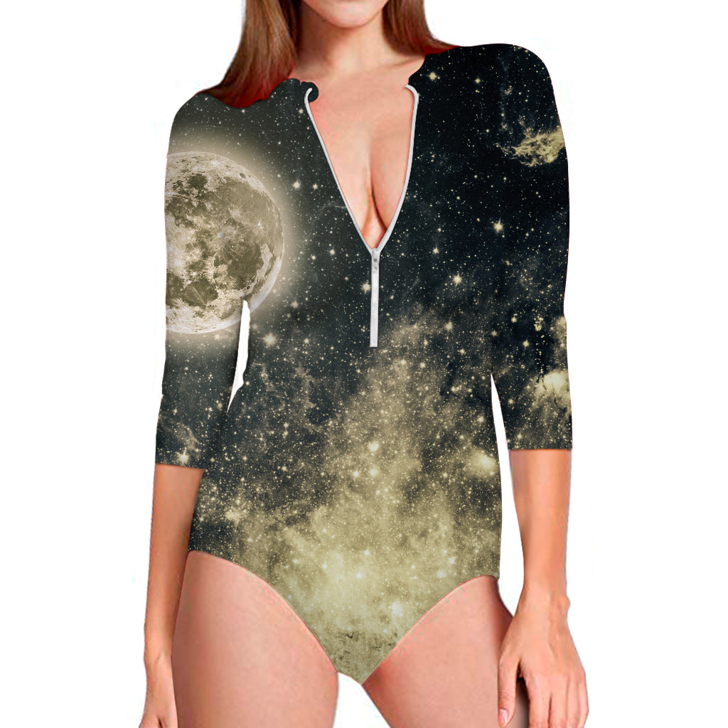 Full Moon And Night Stars Print Long Sleeve Swimsuit