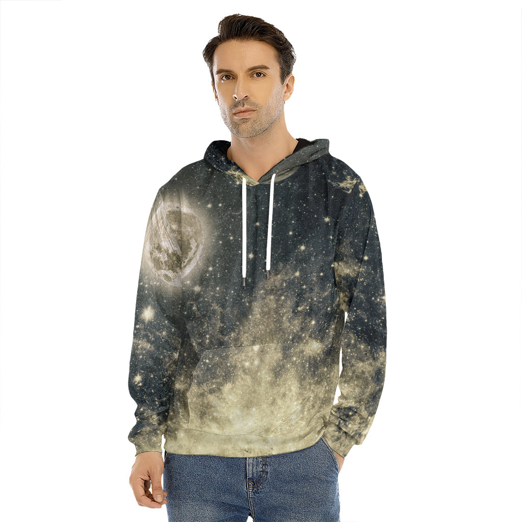 Full Moon And Night Stars Print Men's Velvet Pullover Hoodie