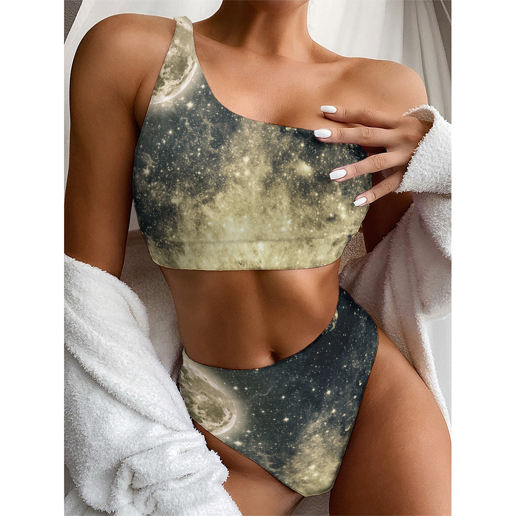 Full Moon And Night Stars Print One Shoulder Bikini Top