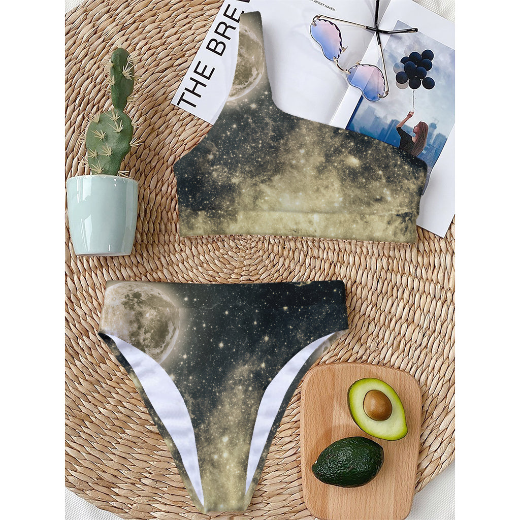 Full Moon And Night Stars Print One Shoulder Bikini Top
