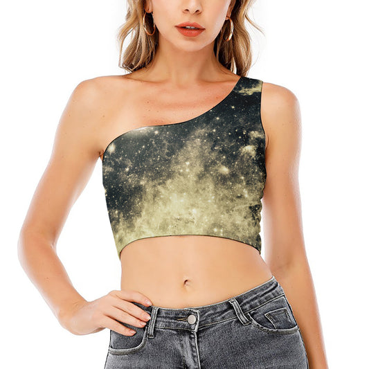 Full Moon And Night Stars Print One Shoulder Crop Top
