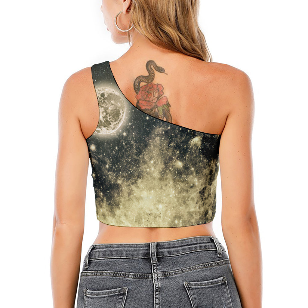Full Moon And Night Stars Print One Shoulder Crop Top