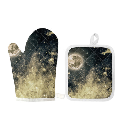 Full Moon And Night Stars Print Oven Mitt And Pot Holder Set