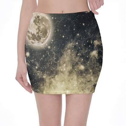 Full Moon And Night Stars Print Pencil Mini Skirt