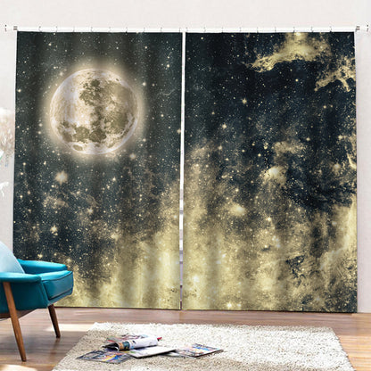 Full Moon And Night Stars Print Pencil Pleat Curtains