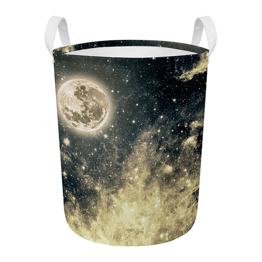 Full Moon And Night Stars Print Round Laundry Basket