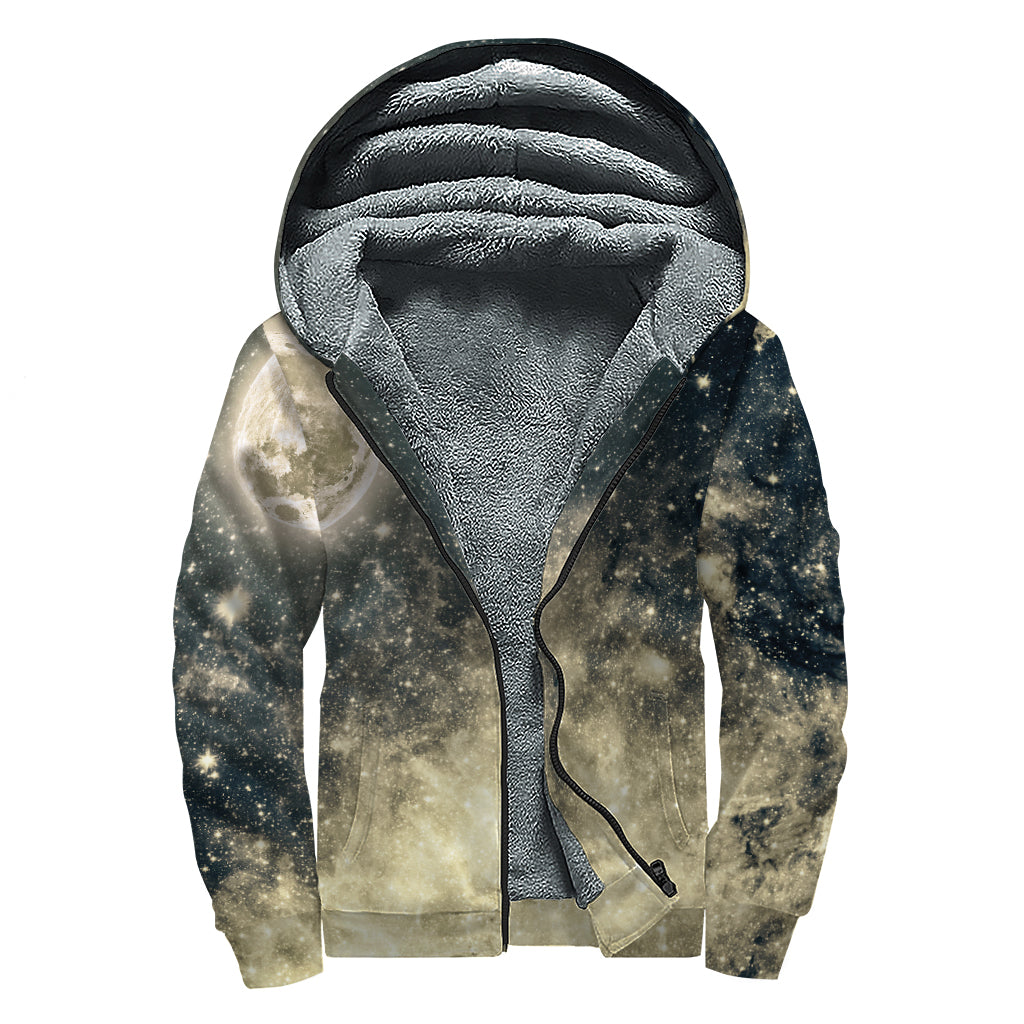 Full Moon And Night Stars Print Sherpa Lined Zip Up Hoodie