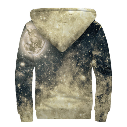 Full Moon And Night Stars Print Sherpa Lined Zip Up Hoodie