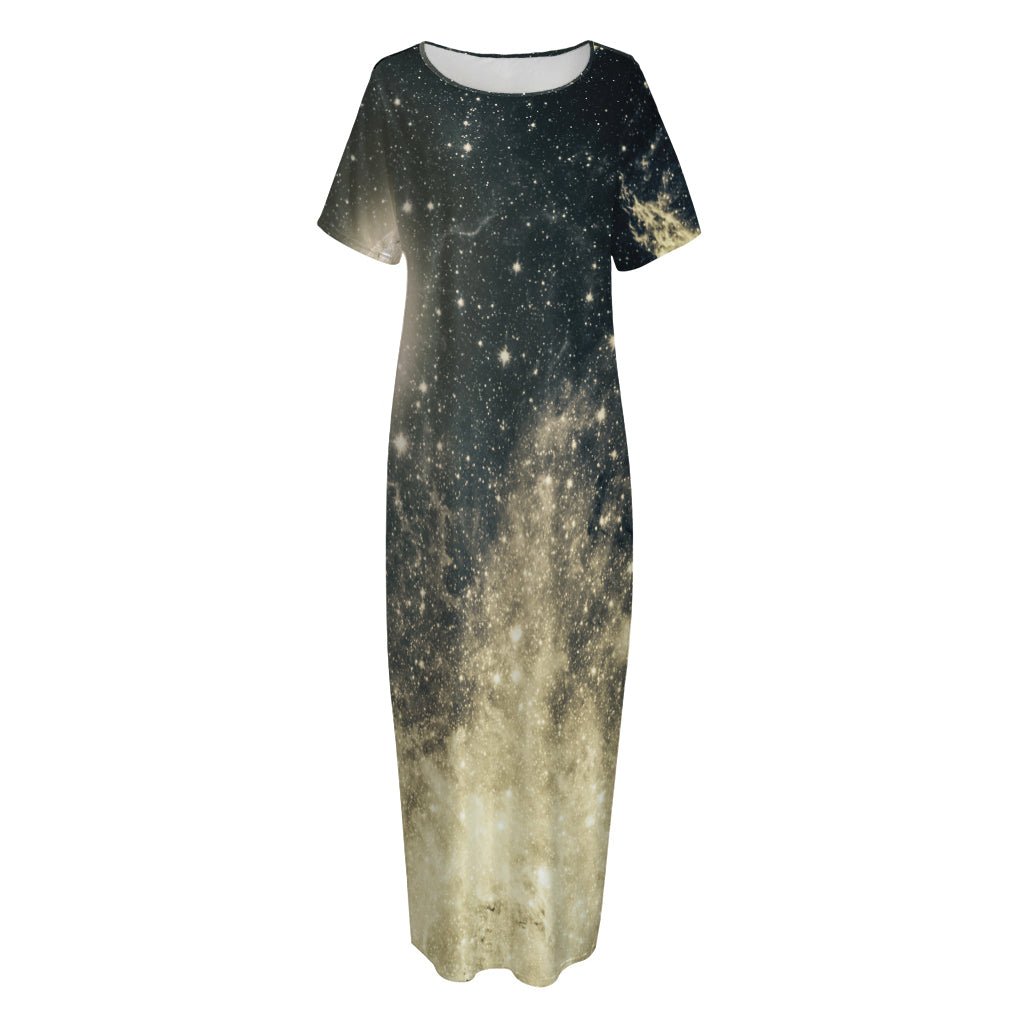 Full Moon And Night Stars Print Short Sleeve Long Nightdress