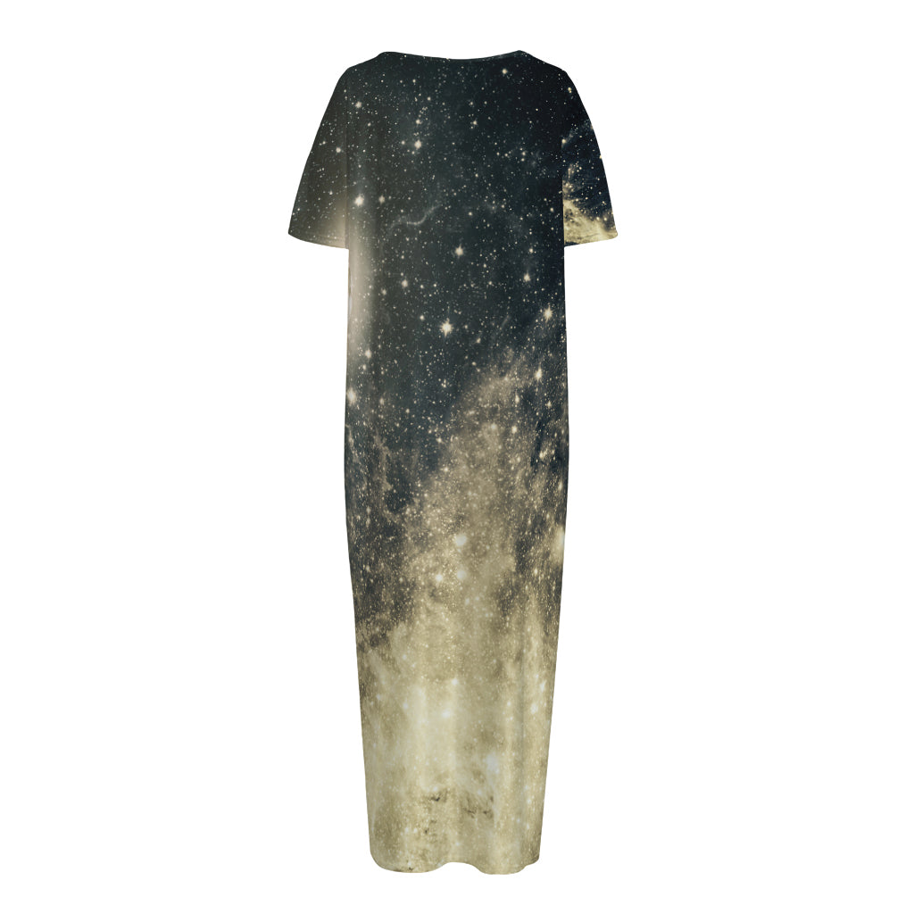 Full Moon And Night Stars Print Short Sleeve Long Nightdress