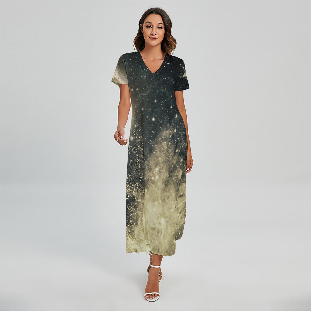 Full Moon And Night Stars Print Short Sleeve Maxi Dress